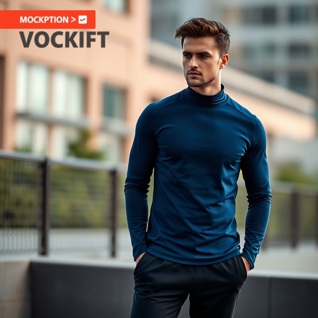 mockup design, Design a stylish crew neck mock neck shirt for an athletic line, featuring breathable, moisture-wicking fabric in a vibrant navy blue. Incorporate subtle textured patterns for added visual interest. Showcase the shirt in an urban outdoor setting, styled with sleek joggers and trendy sneakers, emphasizing a modern and active lifestyle.
