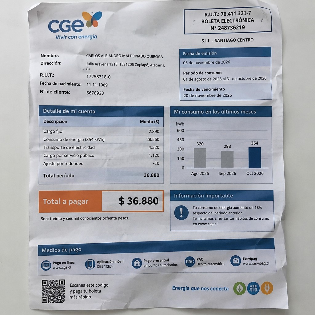 Create a statement, an electricity bill in CHILE. The A4 statement should be realistic, as if it were photographed on a phone. The document should be on a white background. The document must be for the last 3 months of October 2026. The document should contain several transactions and be wrinkled at the edges.
Name CARLOS ALEJANDRO MALDONADO QUIROGA
Address Julia Aravena 1315, 1531205 Copiapó, Atacama
R.U.T. 17258318-0
Date of birth 11.11.1989
