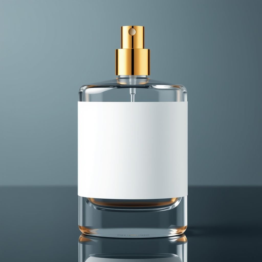 mockup design, Create a sophisticated mockup featuring a clear glass perfume bottle with a gold spray top and lid. The plain white label should elegantly wrap around the bottle for three-quarters of its height, providing ample space for minimalist branding. Include subtle reflections and soft lighting to enhance the luxurious appeal.