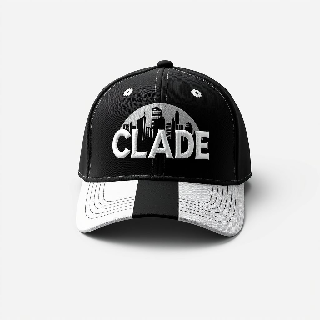 mockup design, Design a stylish black and white baseball hat featuring the bold brand name "CLADE" embroidered prominently on the front. Behind the brand name, incorporate a detailed circle silhouette of a vibrant city skyline, seamlessly blending urban energy with the hat’s sleek design. Contrast textures enhance visual appeal and brand identity.
