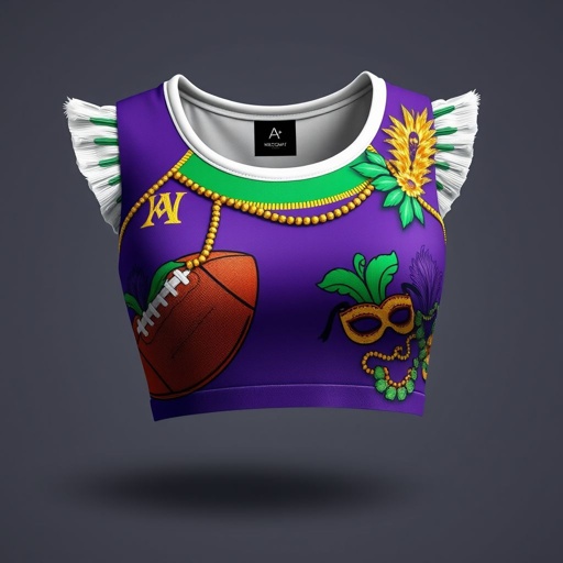 mockup design, Design a vibrant women's crop top featuring a playful fusion of football and Mardi Gras themes. Incorporate bold colors like purple, green, and gold, with eye-catching graphics of footballs adorned with beads and masks. Add festive details like sequins and feathers, ensuring a comfortable, stylish fit for spirited celebrations.