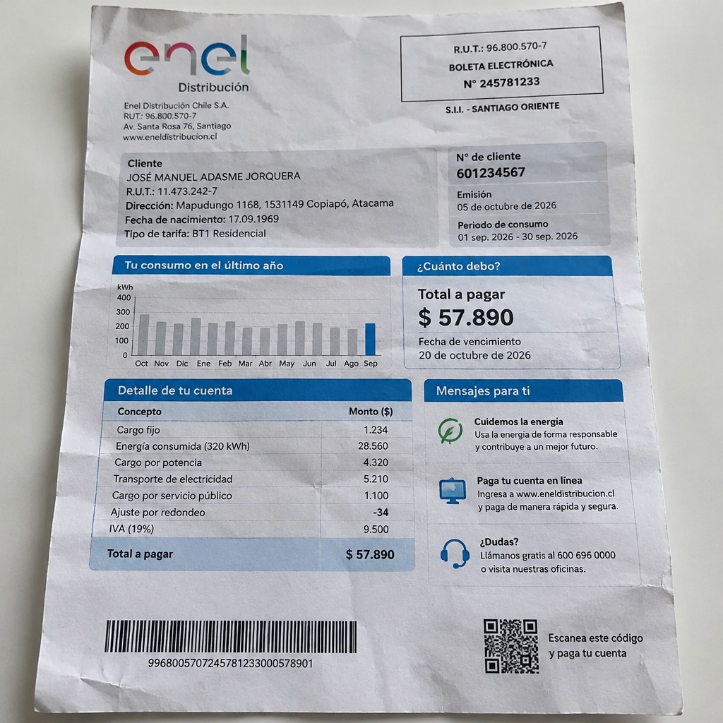 Create a statement, an electricity bill in CHILE. The A4 statement should be realistic, as if it were photographed on a phone. The document should be on a white background. The document must be for the last 3 months of October 2026. The document should contain several transactions and be wrinkled at the edges.
Name JOSÉ MANUEL ADASME JORQUERA
Address Mapudungo 1168, 1531149 Copiapó, Atacama
R.U.T. 11473242-7
Date of birth 17.09.1969