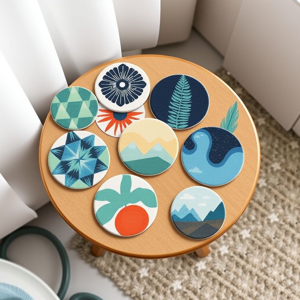 mockup design, "Can I submit to you the coasters I already made? I'd love your feedback and suggestions for improvements. Please visualize a collection of unique coasters showcasing various designs, including geometric patterns, nature-inspired themes, and vibrant colors. Incorporate a cozy setting with cups and a small table for context."