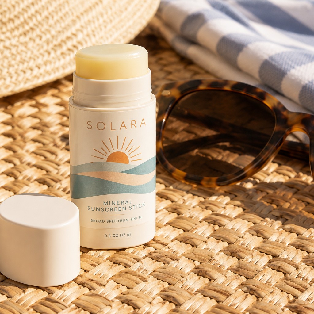 A sunscreen stick uncapped and standing beside a pair of sunglasses on a woven beach mat, bright warm midday light, featuring a tasteful sample brand design on the stick, close-up angle, no watermarks, no text overlays.
