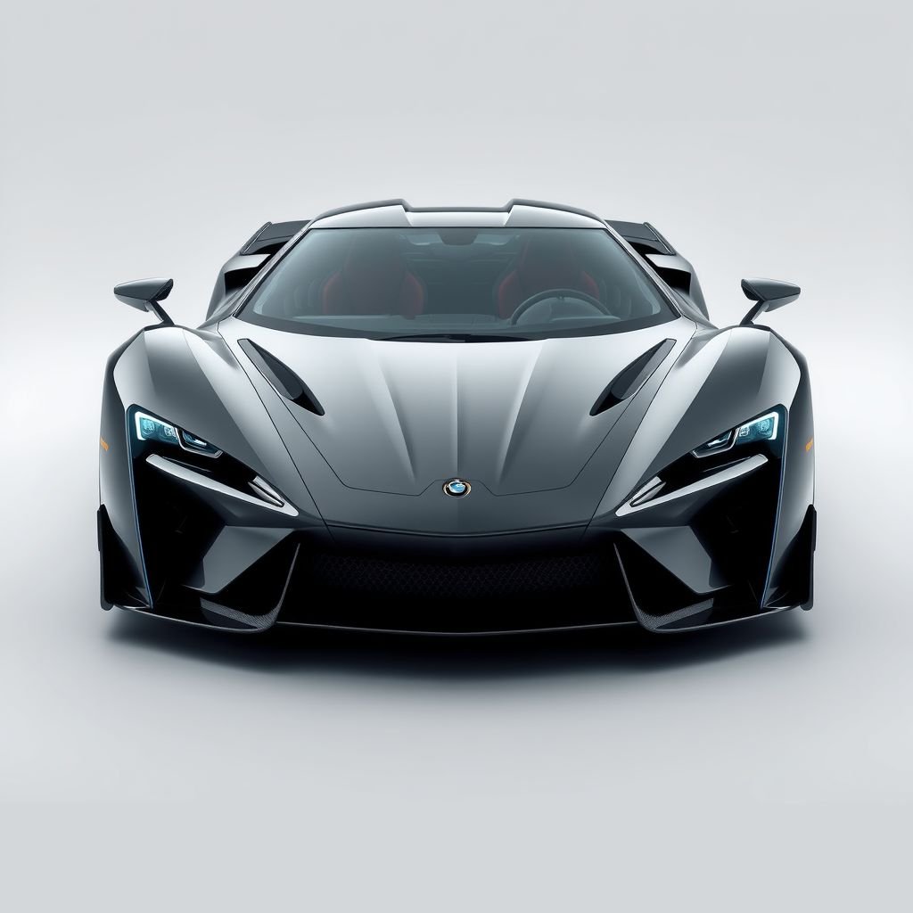 mockup design, Create a hypercar mockup that embodies the essence of both aggression and elegance. The design should feature a low, wide silhouette with sharp angular lines and smooth curves for enhanced aerodynamics. Highlight a menacing grille, piercing LED headlights, and a streamlined body crafted from carbon fiber and aluminum. Showcase an integrated active spoiler and sculpted diffuser at the rear, while the interior reflects luxury with fine leather, brushed metal, and carbon accents. This hypercar is powered by a hybrid V10 engine offering over 1,000 horsepower, combining brutal acceleration with refined control.