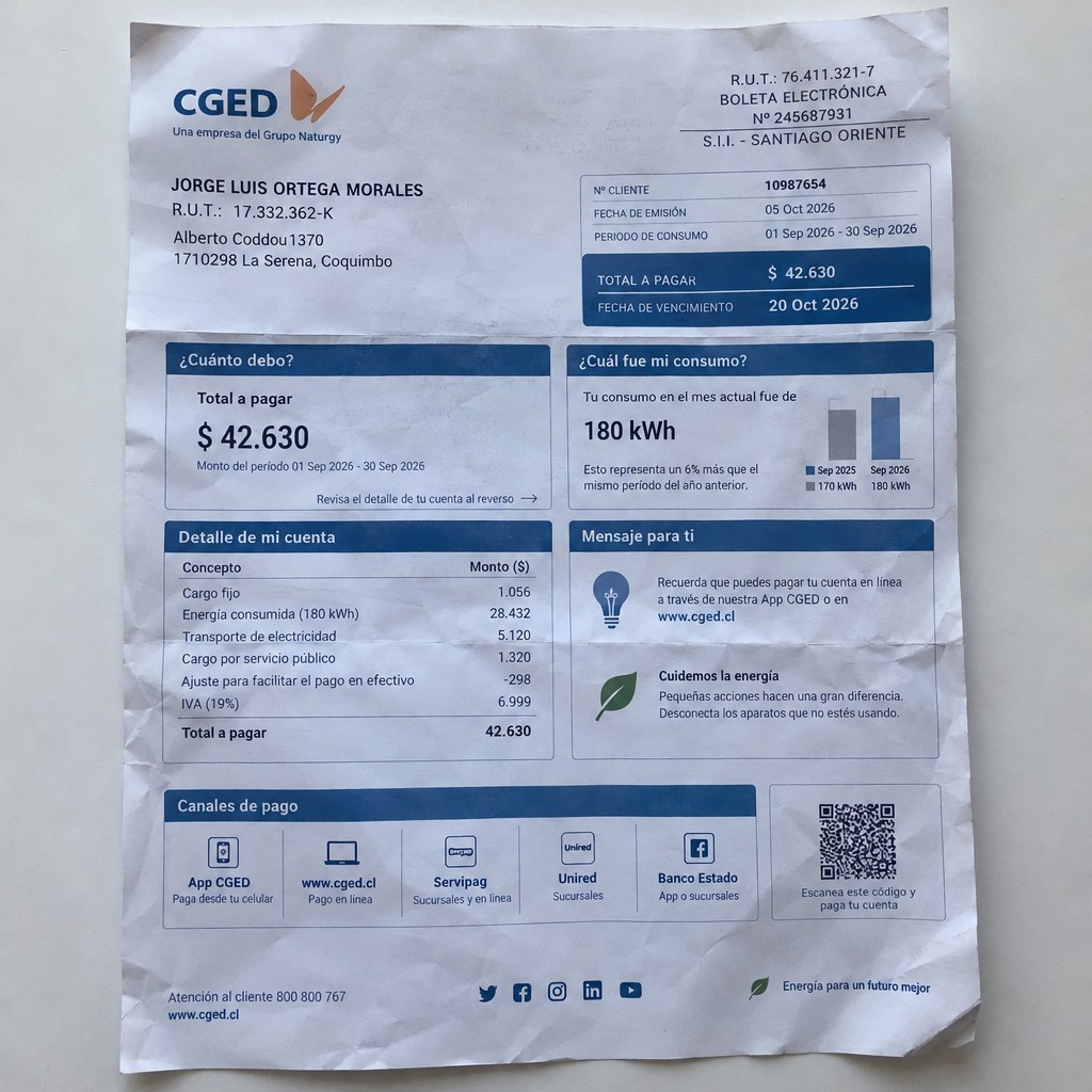 Create a statement, an electricity bill in CHILE. The A4 statement should be realistic, as if it were photographed on a phone. The document should be on a white background. The document must be for the last 3 months of October 2026. The document should contain several transactions and be wrinkled at the edges.
Name JORGE LUIS ORTEGA MORALES
Address Alberto Coddou 1370, 1710298 La Serena, Coquimbo
R.U.T. 17332362-K
Date of birth 19.10.1989