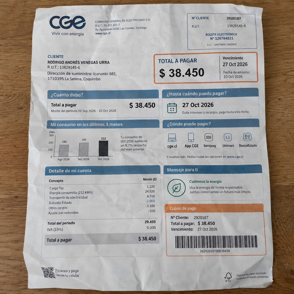 Create a statement, an electricity bill in CHILE. The A4 statement should be realistic, as if it were photographed on a phone. The document should be on a white background. The document must be for the last 3 months of October 2026. The document should contain several transactions and be wrinkled at the edges.
Name RODRIGO ANDRÉS VENEGAS URRA
Address Icarumbi 681, 1710395 La Serena, Coquimbo
R.U.T. 13829145-6
Date of birth 19.03.1980