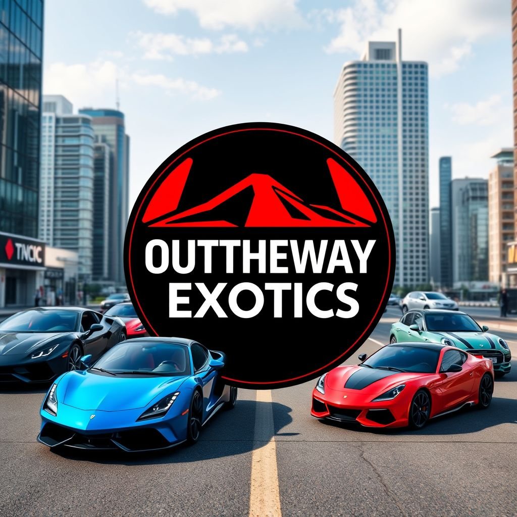 mockup design, Create a vibrant mockup for "OUTTHEWAYEXOTICS," a luxury car rental service specializing in exotic vehicles. The design should feature a sleek logo integrated into an upscale city backdrop, showcasing a variety of high-end cars. Incorporate rich colors and modern typography, emphasizing adventure and exclusivity in the automotive experience.