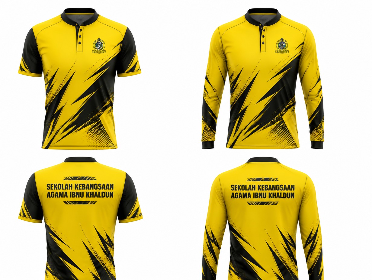 Design a professional sports jersey for Sekolah Kebangsaan Agama Ibnu Khaldun.
Create a high-quality mockup showing TWO jersey versions side by side:
Short-sleeve jersey
Long-sleeve jersey
Colour Theme:
Bright Yellow and Black
Modern, sporty, premium sublimation style
Dynamic geometric patterns and sharp angular elements
Suitable for teachers, coaches, and school representatives
FRONT DESIGN:
Main colour: bright yellow
Secondary colour: black
Modern black geometric patterns across the chest, sleeves, and sides
Place the official Sekolah Kebangsaan Agama Ibnu Khaldun logo on the right chest
Clean and professional collar design
Premium sportswear appearance
Balanced and elegant layout
BACK DESIGN:
Large text:
SEKOLAH KEBANGSAAN AGAMA IBNU KHALDUN
Use a bold, clean, highly readable font
Text colour should contrast clearly with the jersey background
Modern placement across the upper back
Optional small geometric accents around the text without reducing readability
SLEEVES:
Continue the black geometric pattern seamlessly
Sporty and energetic appearance
Matching design for both short-sleeve and long-sleeve versions
MOCKUP STYLE:
Front and back views displayed
Short-sleeve and long-sleeve versions shown side by side
Professional apparel presentation
Realistic fabric texture
High-resolution sportswear catalog quality
White studio background
Clean, premium, modern Malaysian school sports jersey design
Aspect Ratio: 16:9
Design Keywords:
Modern, professional, premium sublimation jersey, Malaysian school sportswear, yellow and black, geometric pattern, athletic, clean typography, high visibility, elegant, energetic, high-quality mockup.
Use aggressive black lightning patterns, sharp angular streaks, and modern esports-inspired sports graphics while maintaining a professional school identity