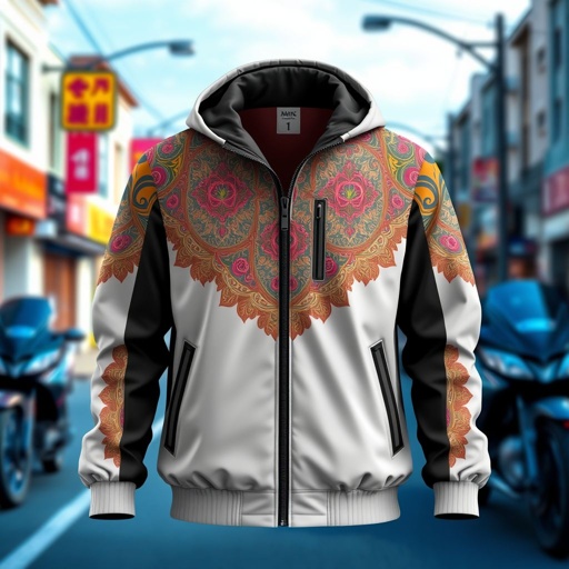 mockup design, Create a stylish mockup design for a Dong Woi jacket, featuring a contemporary urban aesthetic. Incorporate bold colors and intricate patterns inspired by traditional motifs. The jacket should have a relaxed fit, zipper closure, and functional pockets. Showcase the design against a vibrant street backdrop for added context.