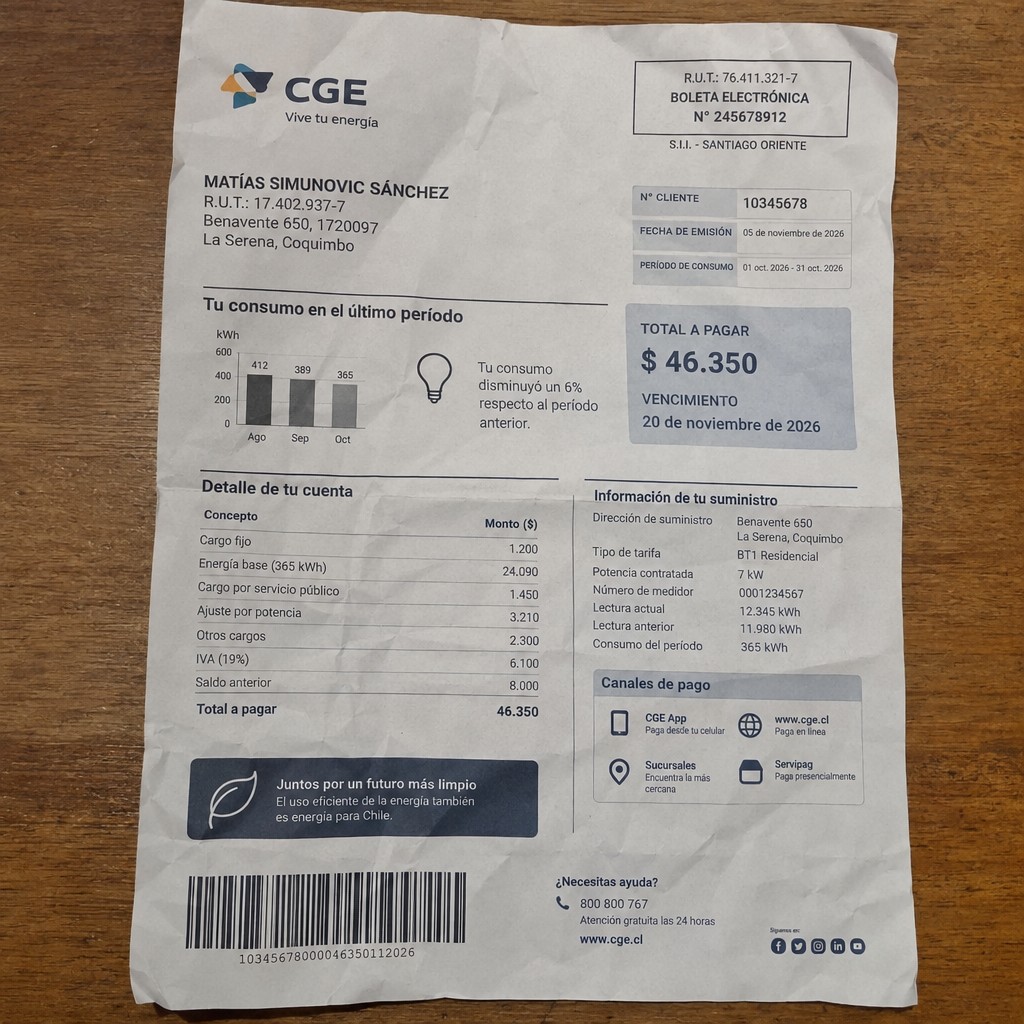 Create a statement, an electricity bill in CHILE. The A4 statement should be realistic, as if it were photographed on a phone. The document should be on a white background. The document must be for the last 3 months of October 2026. The document should contain several transactions and be wrinkled at the edges.
Name MATÍAS SIMUNOVIC SÁNCHEZ
Address Benavente 650, 1720097 La Serena, Coquimbo
R.U.T. 17402937-7
Date of birth23.10.1989