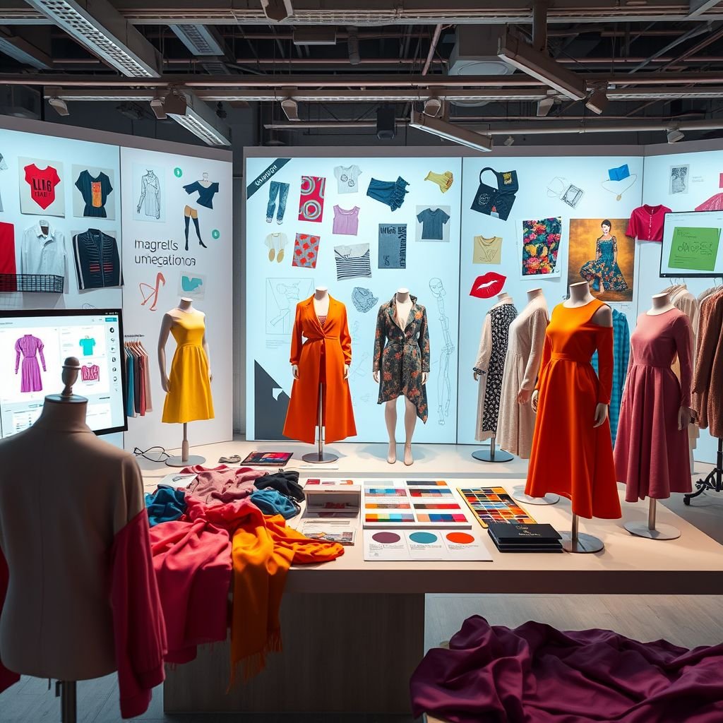A sleek digital workspace adorned with vibrant clothing samples. Various fabric textures displayed on virtual mannequins. Color palettes scattered across the interface. Dynamic software tools glowing softly. Background filled with creative inspiration, sketches, and design prototypes. Modern technology blending seamlessly with artistry, embodying innovation in fashion design and apparel visualization.