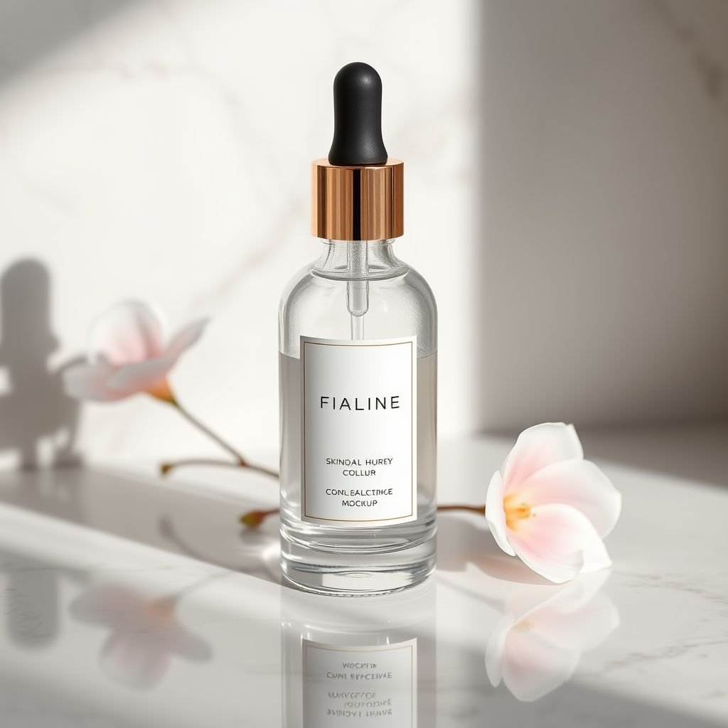 mockup design, Design a luxurious beauty product mockup featuring an elegant glass bottle with a minimalist label. Include soft pastel colors and subtle floral accents, set against a marble countertop. Incorporate a stylish dropper or pump design, and highlight reflection and shadow effects to emphasize sophistication and appeal for high-end skincare line.