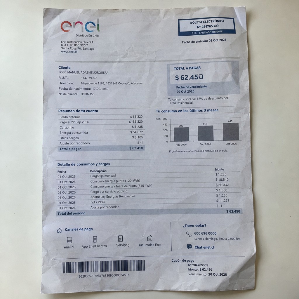 Create a statement, an electricity bill in CHILE. The A4 statement should be realistic, as if it were photographed on a phone. The document should be on a white background. The document must be for the last 3 months of October 2026. The document should contain several transactions and be wrinkled at the edges.
Name JOSÉ MANUEL ADASME JORQUERA
Address Mapudungo 1168, 1531149 Copiapó, Atacama
R.U.T. 11473242-7
Date of birth 17.09.1969