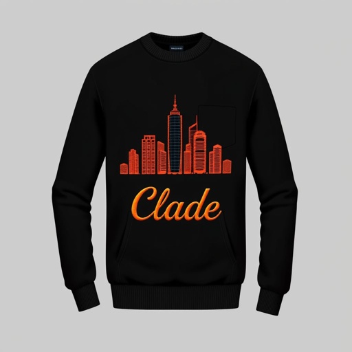 mockup design, Design a sleek black jumper featuring the brand name "Clade" elegantly stitched on the front pocket. Behind the text, intricately embroider a vibrant city skyline in bold orange hues, showcasing modern architecture and a dynamic urban feel. The contrast emphasizes the brand’s contemporary vibe while adding a unique, stylish flair.