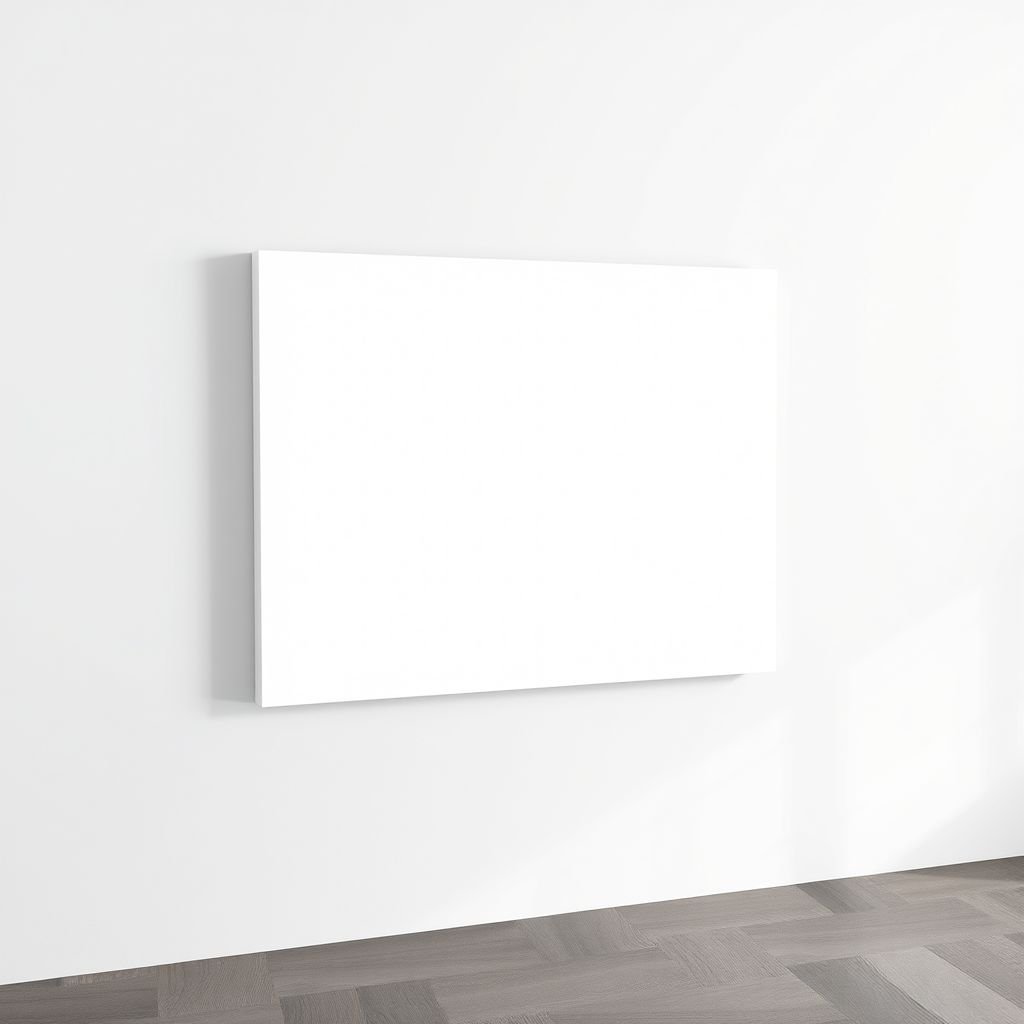mockup design, Create a mockup featuring a 2cm thick stretched canvas on a stretcher bar, displayed on a minimalist, blank wall. Position the canvas at a 30-degree angle for a dynamic perspective. The painting should boast a 5:7 horizontal ratio. Ensure the canvas is in PNG format, allowing for easy image replacement.