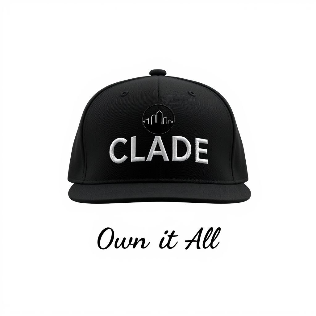 mockup design, Design a sleek black hat featuring the CLADE brand name elegantly arched across the front, complemented by a stylish skyline circle logo. Below, in a subtle yet impactful font, the phrase “Own It All” is embroidered, exuding confidence and urban flair. Ideal for street style enthusiasts and brand ambassadors.