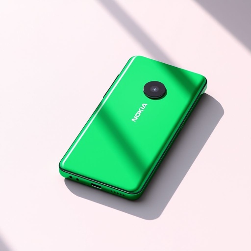 A sleek Nokia Nord 2 in vibrant green, its smooth plastic surface glistening under soft light. The 5.0-inch screen displays sharp images. A prominent 50 MP camera sits at the back, nestled in a minimalist design. Dual SIM slots emphasize versatility, while a robust 5000 mAh battery promises lasting power.