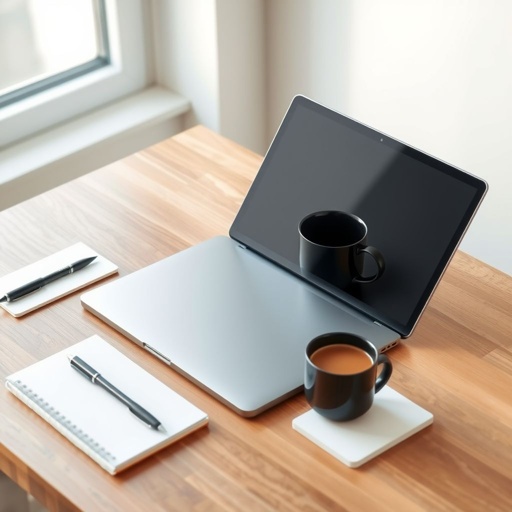 mockup design, Create a mockup design featuring a sleek gray laptop positioned on a modern wooden desk. Surround it with a minimalist setup, including two black pens, a stylish black ceramic mug filled with coffee, and a simple notepad. Soft natural light filters through a nearby window, enhancing the workspace ambiance.