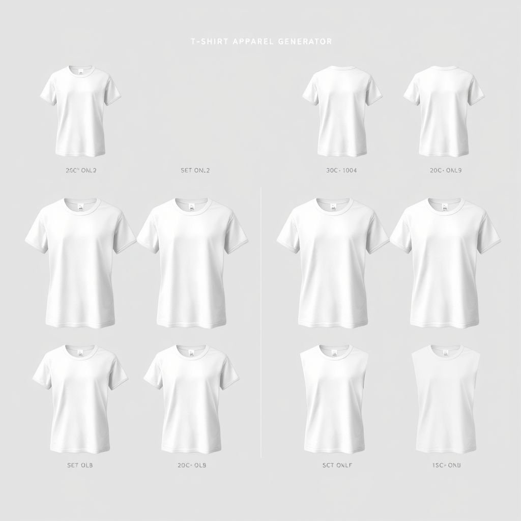 A digital workspace showcasing a T-shirt apparel mockup generator. Soft cotton fabric textures displayed in shades of white. Varied short sleeve lengths represented alongside smooth round necklines. Minimalist design elements, clean lines, and a modern aesthetic highlight the versatility of styles. A harmonious blend of simplicity and elegance emphasized.