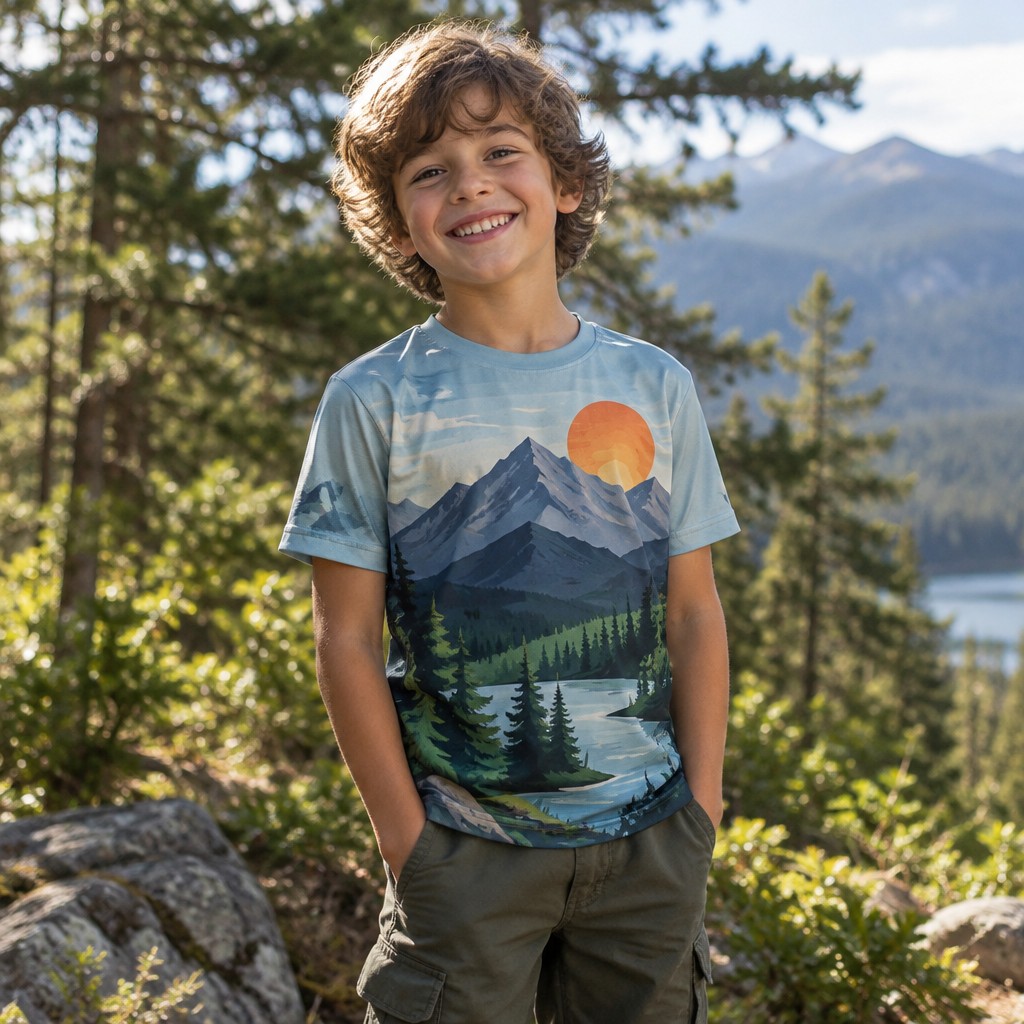Create a realistic product mockup based on these instructions:
Create an image of a joyful young kid standing in a vibrant outdoor setting, wearing a colorful, breathable outdoor shirt featuring a unique nature-inspired design, such as mountains or trees. The child is smiling, surrounded by greenery, with sunlight filtering through the leaves, embodying a spirit of adventure and exploration.
Create a professional, photorealistic mockup scene. If the instructions mention a design,
artwork, logo, print or graphic, invent an original, fitting design and integrate it onto the
product realistically with proper perspective, lighting and material texture. Only show a clean,
undecorated product if the instructions explicitly ask for a blank or plain product.