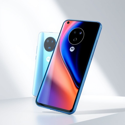 A sleek blue Motorola Galaxy S21, shimmering aluminum body, 6.1-inch vibrant display, an impressive 64 MP camera lens nestled at the back, 5000 mAh battery providing power, Firefox OS interface, 5G connectivity symbol gleaming, elegant design in a mid-range price tag, showcasing modern technology and style in harmony.