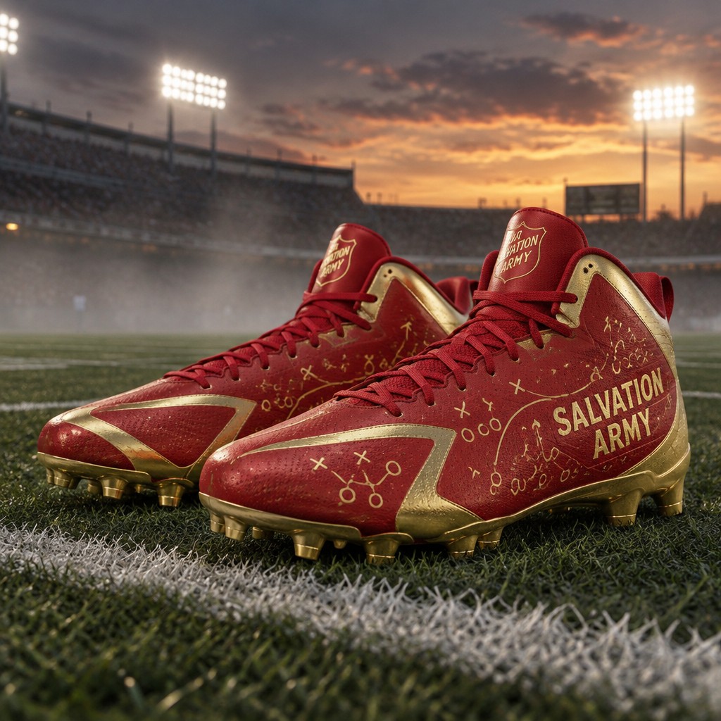 A pair of football cleats with little football plays on them red and gold with the words Salvation Army on it planted on a chalk-lined turf field under bright stadium lights at dusk, faint fog near the ground, no watermarks, no text overlays