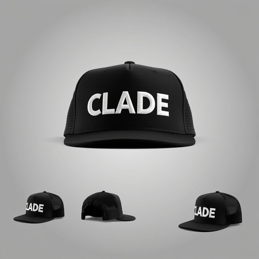 mockup design, Create a stylish mockup of a black trucker hat featuring the CLADE brand name prominently displayed. The design should have the iconic London skyline delicately embroidered in white behind the brand name, emphasizing urban sophistication. Showcase the hat from multiple angles to highlight its unique features and overall aesthetic appeal.