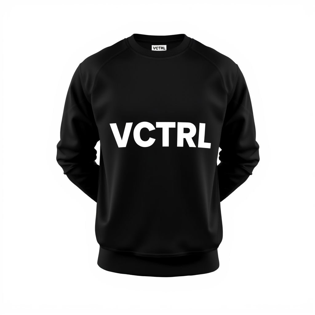 mockup design, Design a sleek, modern black pullover featuring the bold, striking “VCTRL” text prominently displayed across the chest. The pullover should have a relaxed fit, with a minimalist aesthetic and subtle stitching details. Incorporate a high-quality fabric texture, emphasizing comfort and style, suitable for both casual wear and active lifestyles.