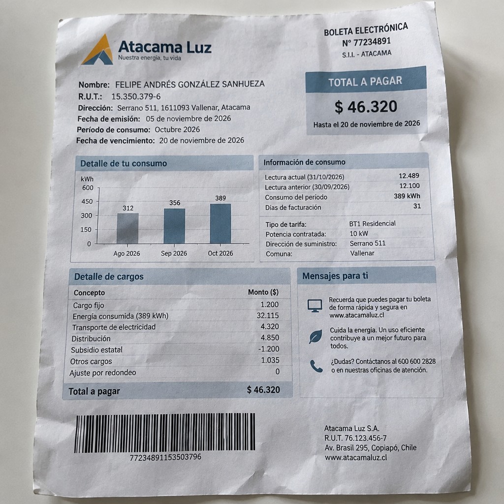 Create a statement, an electricity bill in CHILE. The A4 statement should be realistic, as if it were photographed on a phone. The document should be on a white background. The document must be for the last 3 months of October 2026. The document should contain several transactions and be wrinkled at the edges.
Name FELIPE ANDRÉS GONZÁLEZ SANHUEZA
Address Serrano 511, 1611093 Vallenar, Atacama
R.U.T. 15350379-6
Date of birth 02.07.1982