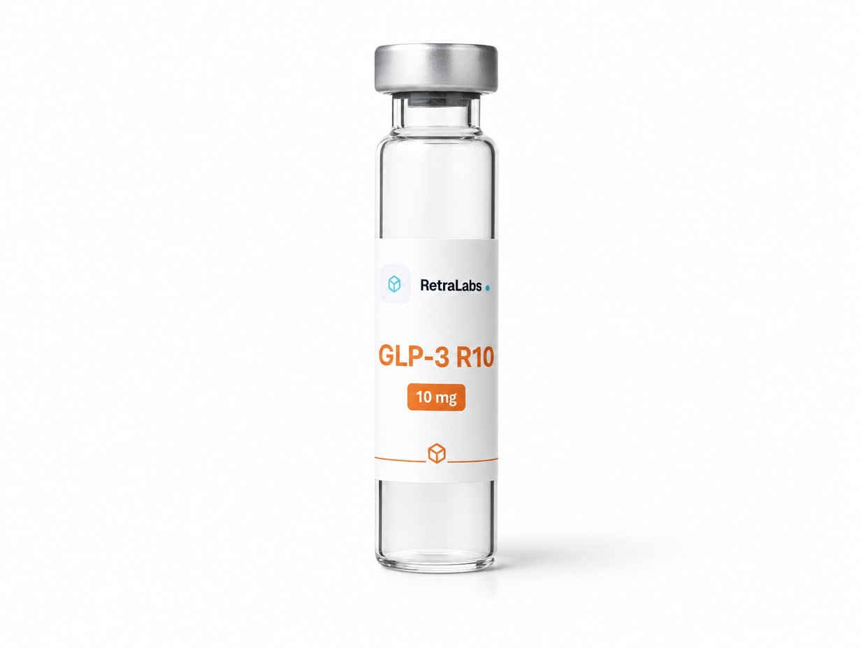 Recreate the physical vial proportions to closely match the RetraLabs product vials in the reference catalog.
The vial should be a TALL, SLIM pharmaceutical glass vial, not a short or wide bottle. Keep the glass body noticeably taller than its width. Use a relatively SMALLER silver aluminum crimp cap that is only slightly wider than the vial neck and does NOT dominate the top of the bottle.
Use these proportions:
* Tall cylindrical glass body
* Narrower/slimmer body
* Short rounded shoulder leading into a narrow neck
* Small silver crimp cap
* Cap width only slightly wider than the glass body
* Realistic pharmaceutical vial proportions
* Do NOT use an oversized cap or squat bottle shape
Match the overall physical silhouette of the RetraLabs vials shown in the reference product catalog.
For the label, use a smaller, cleaner label with more white glass visible above and below it. Keep the RetraLabs branding subtle and compact. Use the orange RetraLabs design with “GLP-3 R10” as the main product name and “10 mg” underneath.
Keep the realistic clear glass, silver cap, white studio background, soft shadow, and clean commercial product photography.
IMPORTANT: Do not redesign the physical bottle. Match the reference vial's proportions and silhouette as closely as possible. Do not make the cap oversized, do not make the bottle squat, and do not make the label cover most of the vial.