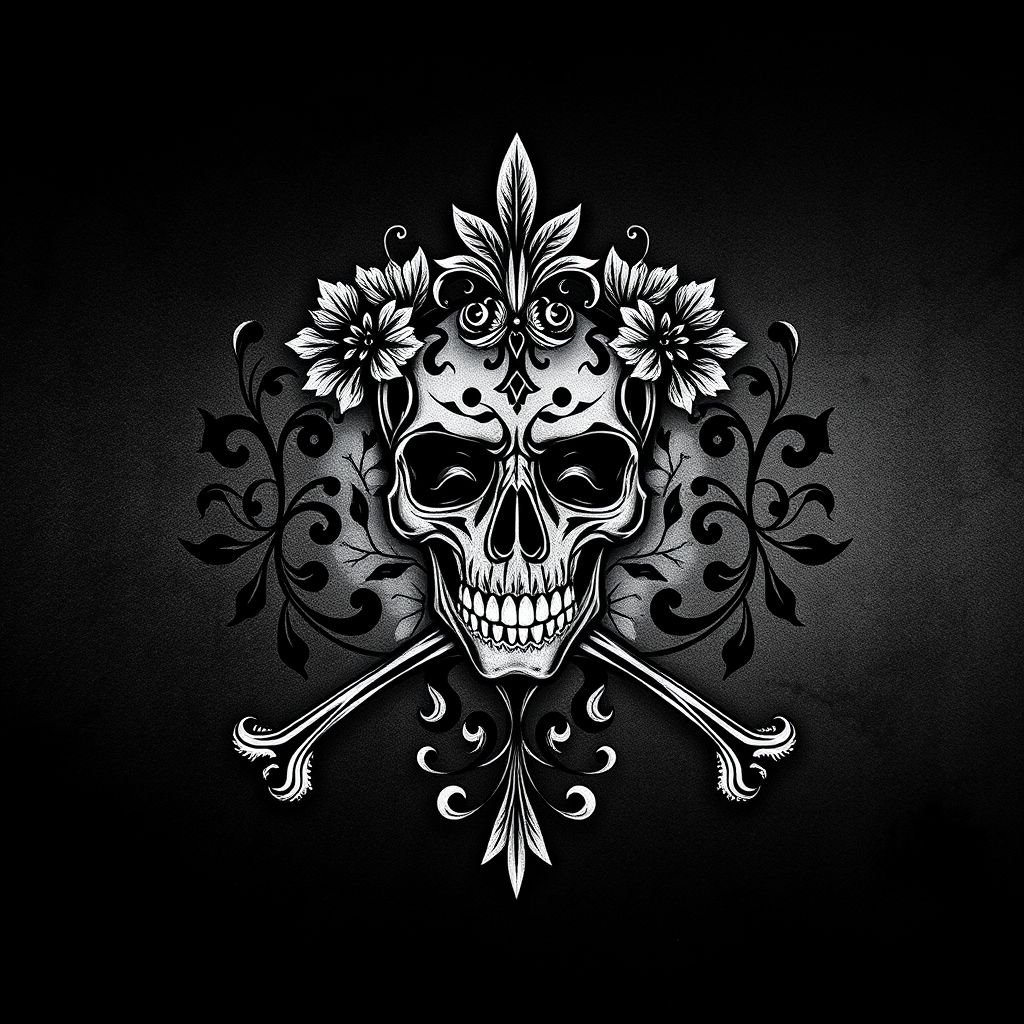 mockup design, Create a striking mockup design featuring the iconic Totenkopf (skull and crossbones) symbol. The design should incorporate gothic elements, with intricate floral patterns intertwined with the skull. Use a dark color palette of deep blacks and silver highlights. Include a textured background that enhances the overall macabre aesthetic, giving it depth and intrigue.