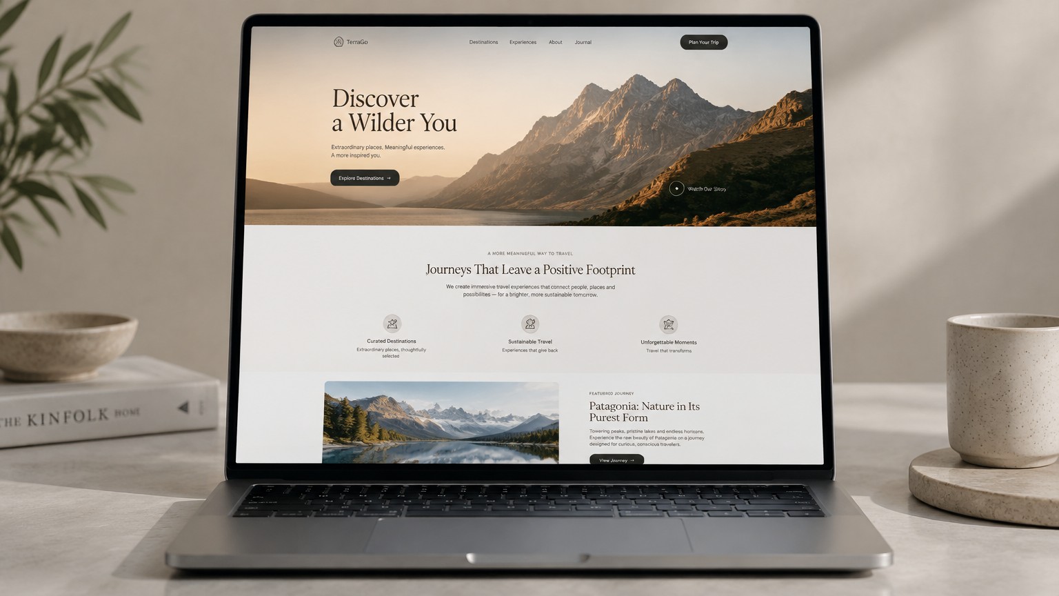 A sleek modern laptop displaying a full website landing page, shown in a clean front-facing three-quarter view. The laptop screen should clearly showcase a long website scrolling section, with the webpage extending naturally within the screen from top to bottom. Minimal premium studio setting, soft realistic lighting, subtle reflections on the screen, thin bezels, realistic metallic body, clean neutral background, professional web-design portfolio aesthetic, photorealistic product mockup.
