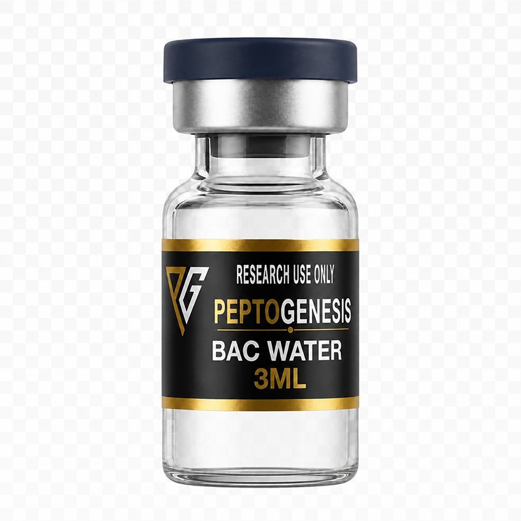 Use the uploaded vial image as the locked 3 mL master vial. Keep the vial exactly the same — same 3 mL vial size, cap, stopper, glass, lighting, reflections, proportions, angle, label position, label wrap, and transparent background. Do not redesign the vial. Replace only the label with the uploaded BAC WATER 3 ML label artwork and change the contents to clear liquid water. Show a realistic clear water fill with a natural visible water line inside the vial. Keep the gold portions of the label as real metallic foil with a reflective premium finish. Do not add powder, extra objects, or any other changes.