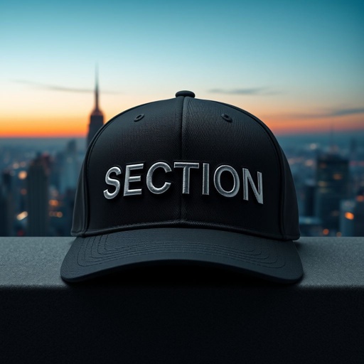 mockup design, Design a sleek black baseball hat featuring the bold brand name "SECTION" prominently embroidered on the front. The backdrop showcases a stunning city skyline at dusk, with twinkling lights and a gradient sky. The hat's fabric should have a matte finish, giving it a modern and urban aesthetic for street fashion.