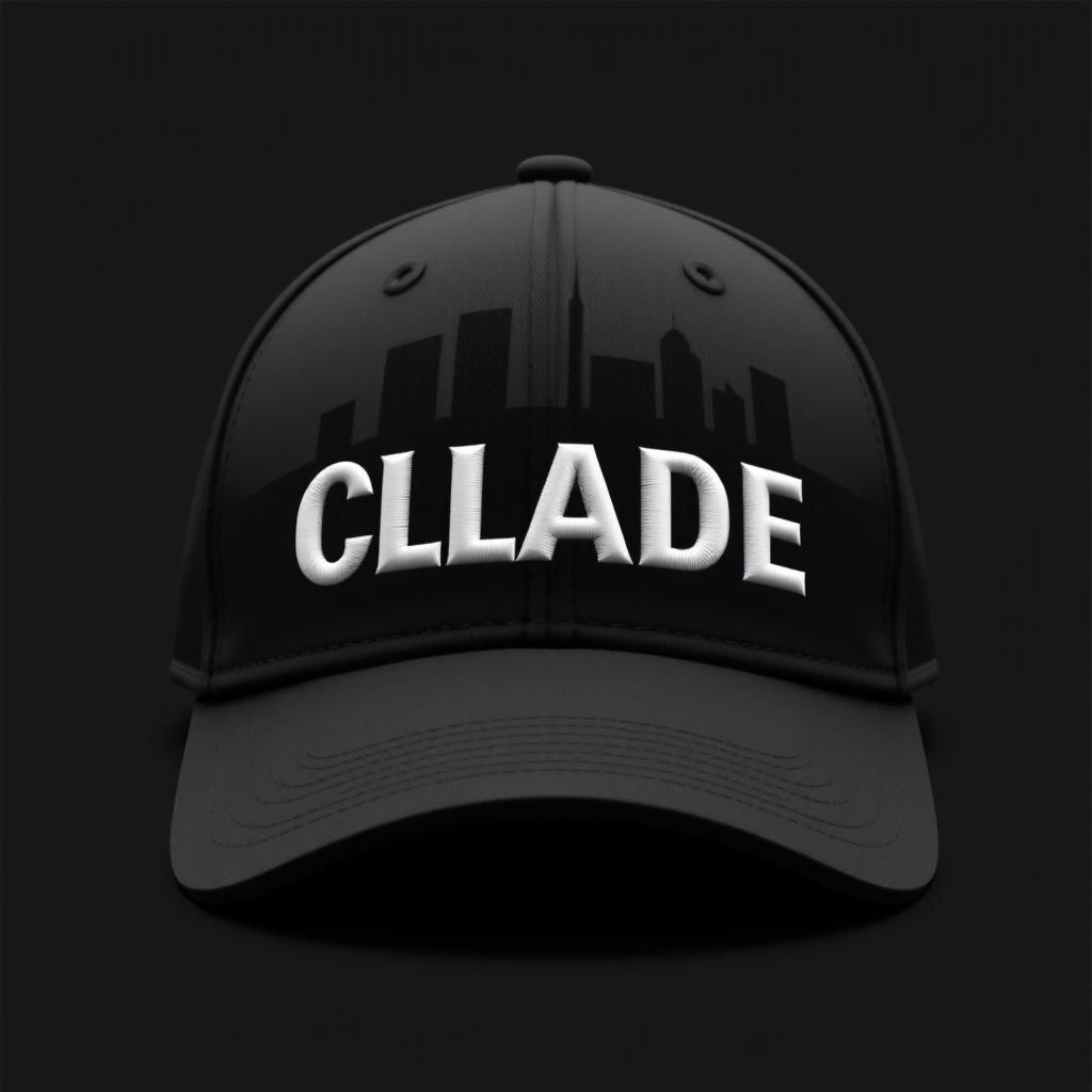 mockup design, Design a stylish black baseball cap featuring the CLADE brand name prominently embroidered in bold, modern typography at the front. Behind the brand name, incorporate a semi-circle skyline silhouette, blending urban elements with a subtle gradient. Ensure the overall look is contemporary and appealing to city dwellers and fashion enthusiasts alike.