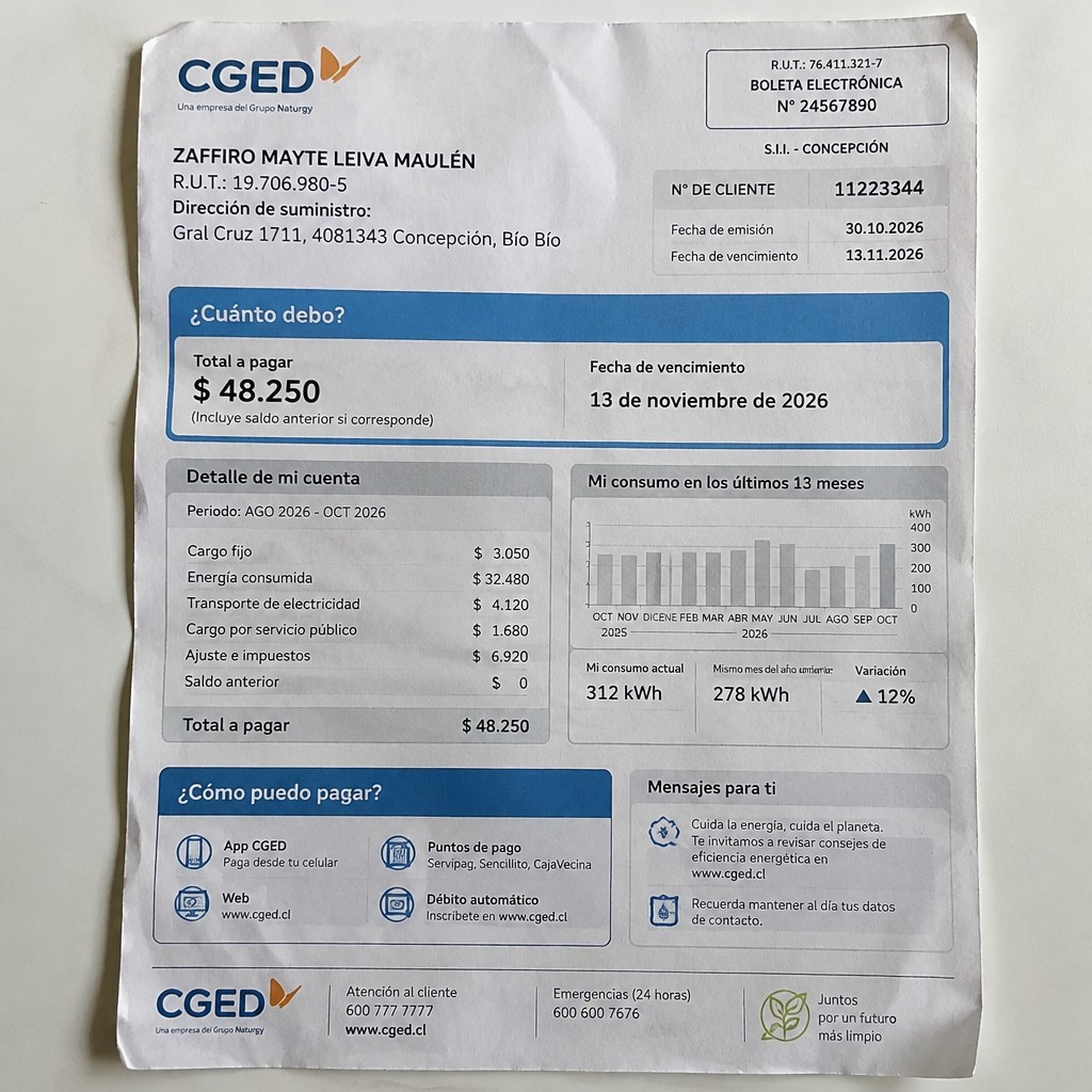 Create a statement, an electricity bill in CHILE. The A4 statement should be realistic, as if it were photographed on a phone. The document should be on a white background. The document must be for the last 3 months of October 2026. The document should contain several transactions and be wrinkled at the edges.
Name ZAFFIRO MAYTE LEIVA MAULÉN
Address Gral Cruz 1711, 4081343 Concepción, Bío Bío
R.U.T. 19706980-5
Date of birth 09.03.1998
Date of discharge 30.10.2026 (OCTOBER 2026)