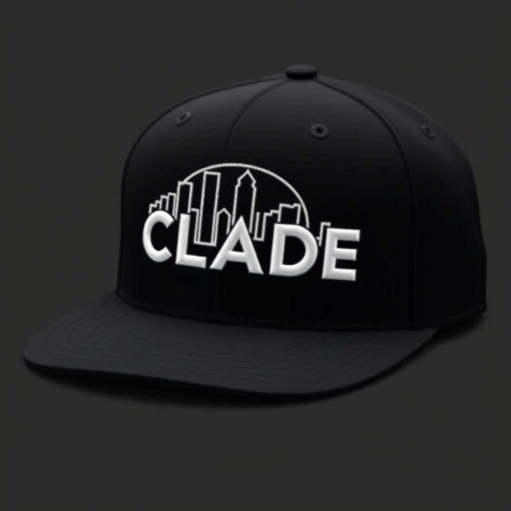 mockup design, Design a sleek black hat featuring the CLADE brand name prominently displayed in a bold, contemporary font. The skyline, intricately embroidered in all-white thread, elegantly arches behind the brand name, symbolizing urban sophistication. The hat should have a modern snapback style, appealing to a trendy, city-dwelling audience.