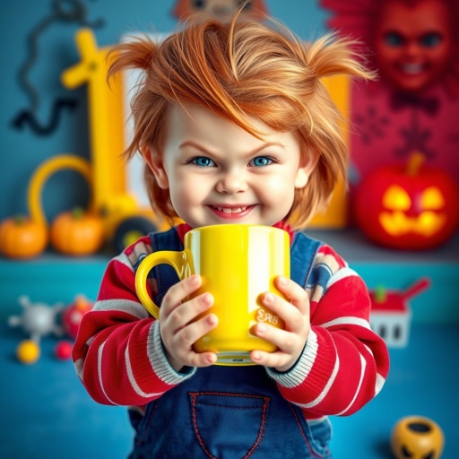 mockup design, Create a playful mockup featuring a young child dressed as Chucky, the iconic horror character, with a mischievous smile. Position the child so they are holding a brightly colored mug, centered in the frame. Set against a fun, slightly spooky background with playful toy elements to enhance the theme.