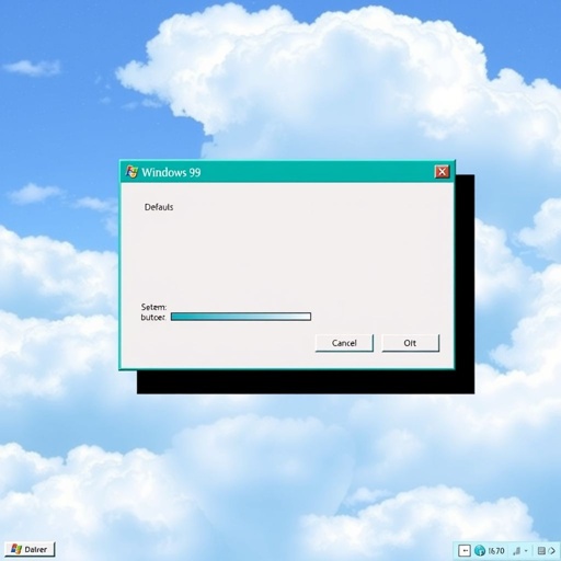 Windows 95 nostalgia, dialog box interface elements in iconic teal color scheme, soft default cloud backgrounds creating a dreamy atmosphere. System fonts providing a retro aesthetic, standard widgets showcasing buttons, sliders, and checkboxes. All elements arranged harmoniously, evoking a sense of familiarity and fond memories of the early digital age.