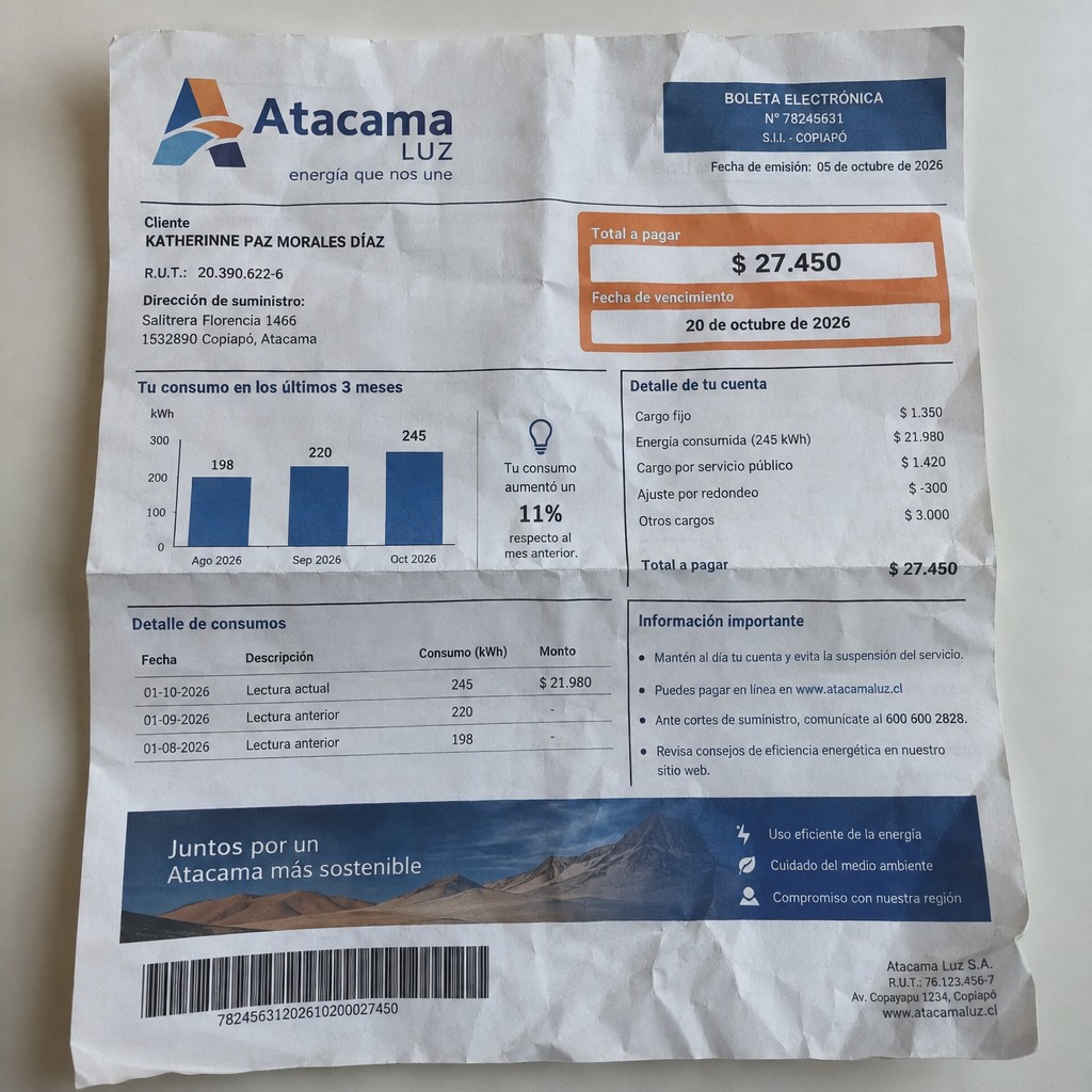 Create a statement, an electricity bill in CHILE. The A4 statement should be realistic, as if it were photographed on a phone. The document should be on a white background. The document must be for the last 3 months of October 2026. The document should contain several transactions and be wrinkled at the edges.
Name KATHERINNE PAZ MORALES DÍAZ
Address Salitrera Florencia 1466, 1532890 Copiapó, Atacama
R.U.T. 20390622-6
Date of birth 04.05.2000