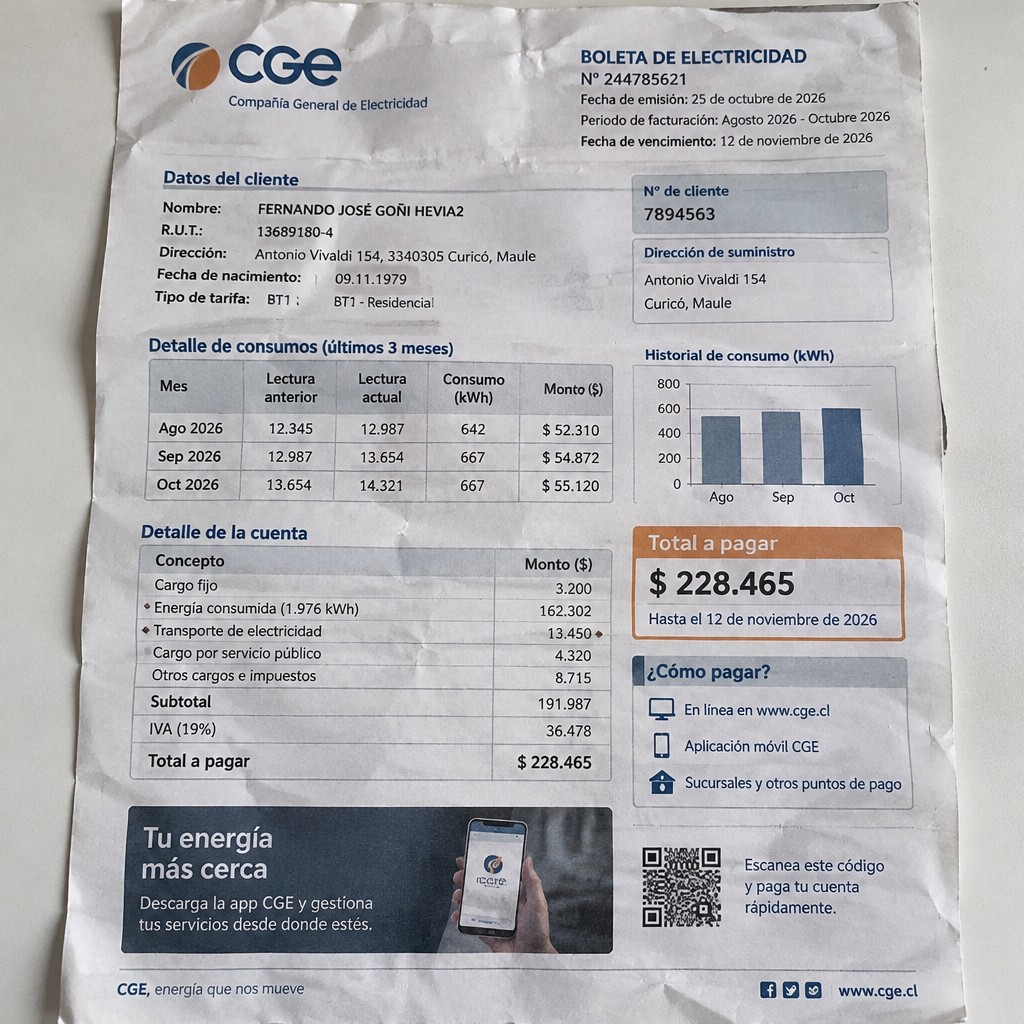 Create a statement, an electricity bill in CHILE. The A4 statement should be realistic, as if it were photographed on a phone. The document should be on a white background. The document must be for the last 3 months of October 2026. The document should contain several transactions and be wrinkled at the edges.
Name FERNANDO JOSÉ GOÑI HEVIA2
Adress Antonio Vivaldi 154, 3340305 Curicó, Maule
R.U.T. 13689180-4
Date of birth 09.11.1979
Date of discharge 25.10.2026 (OCTOBER 2026)