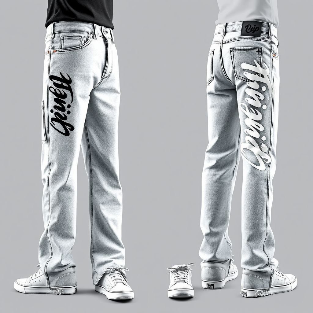 mockup design, Create a mockup design featuring long, baggy jeans in a light wash denim. The jeans should prominently display the "D.ap Customize" logo along the side in a bold, graffiti-style font. Include additional details like frayed hems and a relaxed fit, showcasing a trendy, street-style aesthetic perfect for casual wear.