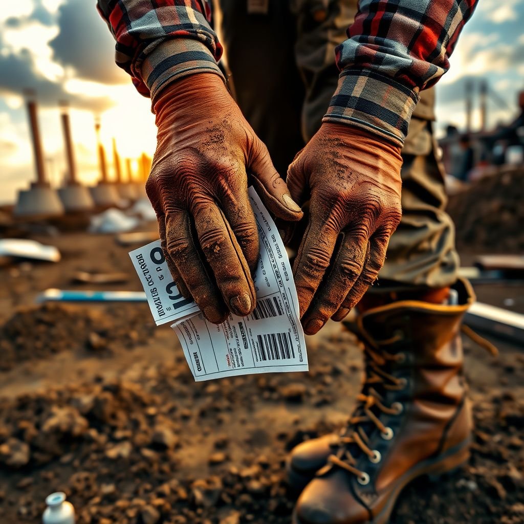 Mockup of a dirt-covered jobsite, rugged hands holding a crumpled paycheck, stained and calloused skin, durable work gloves, faded plaid shirt dusted with grime, heavy-duty boots, vibrant sunlight filtering through scattered clouds, industrial structures in the background, scattered tools and materials, earthy browns and greens contrasting the urban landscape.