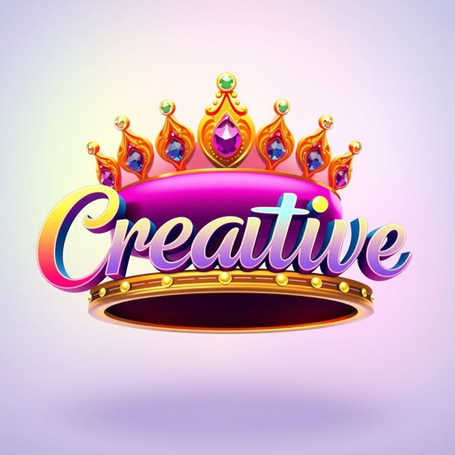 mockup design, Design a vibrant mockup showcasing the word "Creative" elegantly adorned with a regal crown. Use a modern font paired with playful colors to express innovation. The crown should feature intricate details, blending jewels and artistic elements, set against a soft gradient background that enhances the luxurious yet playful vibe of creativity.