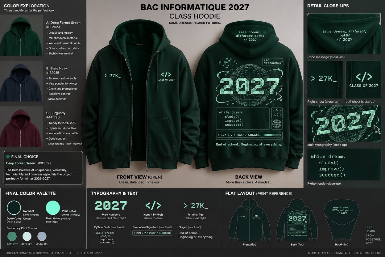 DESIGN BRIEF — BAC INFORMATIQUE 2027 HOODIE
Act as a professional streetwear designer, fashion color specialist, and graphic designer specialized in custom graduation hoodies, contemporary streetwear, typography, and computer science-inspired designs.
I want you to create a unique, modern, creative, and visually cohesive design for our Tunisian Computer Science Baccalaureate Class of 2027 hoodie.
The design should combine developer culture, retro-futuristic technology, minimalist streetwear, and the excitement of finishing high school. It should be original, meaningful, stylish, and wearable for years after graduation.
1. COLOR DIRECTION — YOUR CREATIVE DECISION
Do not assume a specific hoodie color or impose a predetermined color palette. I want you to act as a fashion color expert and independently identify the best main garment color for this project.
Consider the following criteria:
- Versatility: The hoodie should coordinate easily with a wide range of outfits, including black, white, grey, denim, beige, brown, cream, and other neutral or everyday colors.
- Winter 2026–2027 relevance: Consider contemporary streetwear aesthetics, emerging fashion color directions, and the mood of the winter season.
- Computer science identity: The color should complement coding culture, web development, terminal interfaces, digital graphics, and retro-futuristic design.
- Timelessness: Avoid choosing a color that will look outdated after one season. The hoodie should remain stylish and wearable for years.
- Print compatibility: The main color must provide excellent contrast with the printed graphics, especially typography, Python code, pixel art, and small technical details.
- Group appeal: Choose a color that would look attractive on different people and work well as a coordinated class garment.
Explore several plausible color directions before selecting your final recommendation. Consider sophisticated dark neutrals, muted blues, deep greens, burgundy tones, warm earth-inspired shades, or other suitable colors if they meet the criteria.
Do not simply choose the most fashionable color. Balance trend relevance, versatility, visual identity, practicality, and print readability.
Required color-selection process
1. Present three distinct candidate garment colors.
2. Give each candidate's exact HEX code and explain its advantages, disadvantages, versatility, and compatibility with the computer science theme.
3. Briefly explain which candidate is most relevant to winter 2026–2027, distinguishing verified trend information from your own design judgment.
4. Select one final winner based on all the criteria.
5. Choose the most suitable complementary print color, with its exact HEX code. Do not automatically default to white or cream if another option would work better.
The final hoodie design must use your selected winning palette consistently.
2. GARMENT AND CONSTRUCTION
- Garment: a zip-up hoodie with an open front.
- The central closure has not yet been decided: it may feature a zipper, buttons, or a chain.
- Keep the graphic design adaptable to all three possibilities.
- Use a realistic fabric texture, a premium streetwear silhouette, and a finish suitable for actual garment production.
The central opening is an essential design constraint: no important text or illustration should be cut in half, obscured, or placed directly over the closure.
3. FRONT DESIGN — TWO COMPLEMENTARY SIDES
Create a balanced design across the two sides of the chest.
Left chest:
- A small, elegant "</>" symbol.
- The text "CLASS OF 2027" beneath it.
- Clean, restrained placement.
Right chest:
- A small developer-inspired graphic or terminal prompt.
- Optionally use "> 27K" as a recurring visual signature for our promotion.
- Keep the design visually balanced with the left chest.
The two sides must look intentional both when the hoodie is fully closed and when it is open.
Avoid excessive decoration on the front. The back should remain the main visual statement.
4. BACK DESIGN — THE MAIN GRAPHIC
Create a large, dynamic, centered composition that combines computer science references, distinctive typography, and a sense of movement.
Main typography
- Feature a large, bold "2027".
- Explore a pixel-inspired, retro-computing, or futuristic typographic style.
- Make the year immediately recognizable from a distance.
- Integrate the numbers into the composition rather than simply placing ordinary text on the fabric.
Python programming reference
Include this Python-inspired snippet:
while dream:
study()
improve()
succeed()
Keep the code legible and visually authentic.
Web development references
Incorporate a carefully selected combination of:
- The "</>" coding symbol.
- A computer cursor or mouse pointer.
- A wireframe globe or subtle digital network.
- Terminal-inspired elements, pixels, orbital lines, or connecting paths.
Use these elements to create visual movement around the main "2027", without overcrowding the composition.
Promotion signature
Integrate the following as a secondary graphic element:
"> 27K / 7 / 2027 / SUCCESS"
Treat it like terminal output, a system-status display, or a unique class identifier.
Preserve the visual importance of "27K", "7", and "2027" as recurring motifs.
5. HOOD DESIGN — A SMALL, MEANINGFUL MESSAGE
Add a discreet message centered on the back of the hood.
Preferred text:
"same dream, different paths"
"// 2027"
Use a small, readable typeface that matches the rest of the design. This detail should feel personal and meaningful without competing with the main back graphic.
Adapt the print color to the final palette you select.
6. ORIGINAL ENGLISH SLOGAN
Include one short, original English phrase that captures the transition from high school to the future.
Preferred direction:
“End of school. Beginning of everything.”
You may refine the wording or propose an even more original alternative connected to coding, personal growth, friendship, and new beginnings.
Keep the slogan memorable, natural, and emotionally meaningful without sounding generic or overly sentimental.
Place it discreetly beneath the back graphic or integrate it into the terminal-inspired layout.
7. OVERALL ART DIRECTION
The final design should feel:
- Dynamic and forward-looking.
- Inspired by real programming and web-development culture.
- Sophisticated, contemporary, and suitable for winter streetwear.
- Visually cohesive, with a clear hierarchy between the main year, code, and secondary details.
- Creative without looking childish or cluttered.
- Appropriate for a group of Tunisian high-school students graduating in 2027.
- Attractive enough to wear with everyday outfits long after graduation.
Avoid generic graduation caps, excessive neon colors, random flames, rainbow gradients, stereotypical hacker imagery, and too many unrelated symbols.
Use negative space strategically. Prioritize excellent contrast, readable typography, and a distinctive silhouette.
8. REQUIRED PRESENTATION
Present your work as a professional apparel-design concept board containing:
1. Three candidate garment colors with exact HEX codes and short comparisons.
2. One clearly identified final color recommendation, supported by the project's design requirements.
3. A realistic front view showing the two sides of the open hoodie.
4. A realistic back view showing the complete centered graphic.
5. A close-up of the hood message.
6. Close-ups of the chest graphics, main typography, and code.
7. The final color palette, including the garment and print colors.
8. Typography recommendations and the exact text and code used.
9. A flat graphic layout separating the front, back, and hood artwork for production reference.
Show the hoodie against a neutral background with realistic lighting and fabric texture. Ensure all text is correctly spelled and as legible as possible.
Prioritize practical print production. Avoid excessively thin lines, tiny unreadable code, and effects that cannot be reproduced with the proposed printing method.
Distinguish between the visual mockup and genuinely print-ready artwork. If vector or production-ready files cannot be generated, provide a clear flat-layout reference for the printer.
FINAL OBJECTIVE
Create a distinctive, premium-looking Class of 2027 Computer Science hoodie that expresses our identity through Python, web development, retro-digital graphics, and the transition into a new chapter of life.
Choose the garment color yourself, based on thoughtful fashion and design reasoning. The final result should be versatile, fashionable for winter 2026–2027, visually connected to computer science, and timeless enough to remain a favorite for years.