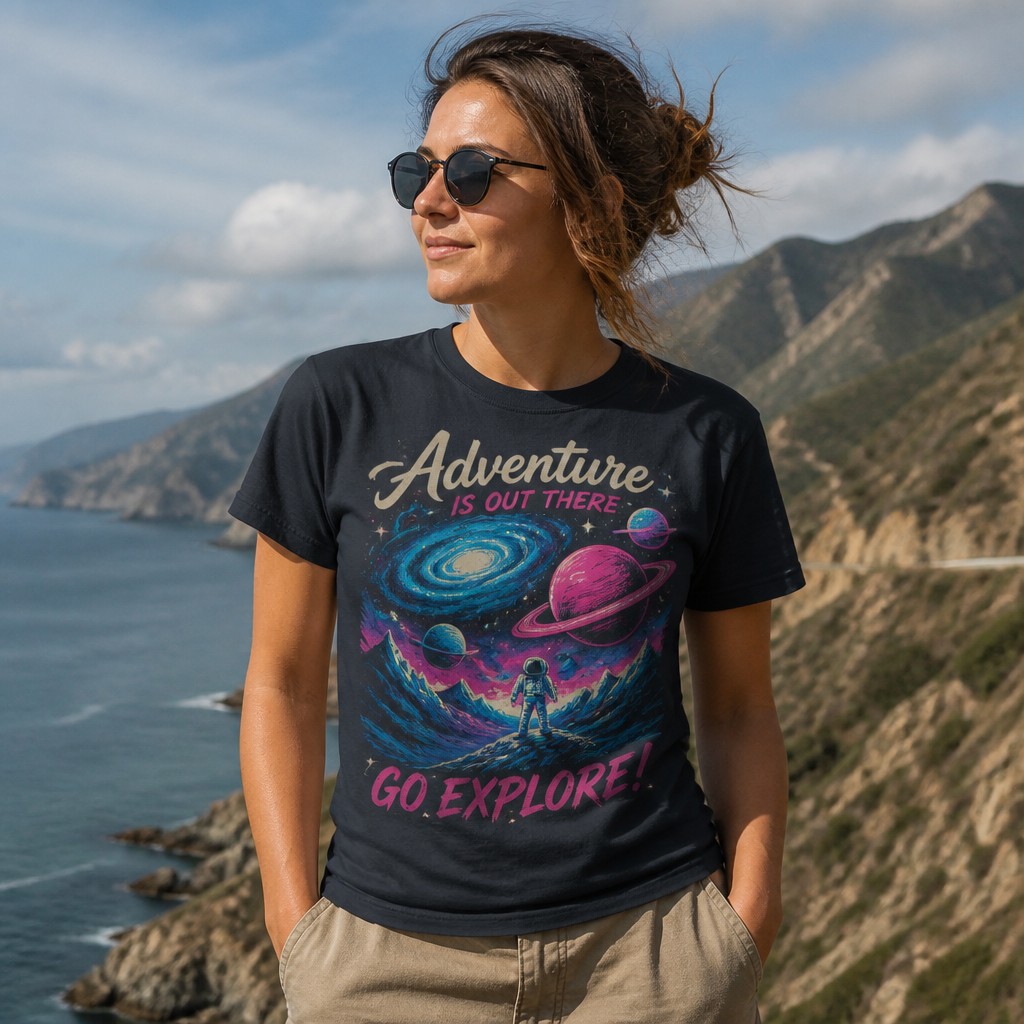 Create a realistic product mockup based on these instructions:
Create a vibrant t-shirt design featuring a retro-inspired graphic of a cosmic landscape, with swirling galaxies and bright planets. Incorporate bold colors like electric blue and neon pink for a striking visual impact. Add an inspirational quote about adventure and exploration, using playful, hand-drawn typography that complements the theme.
Create a professional, photorealistic mockup scene. If the instructions mention a design,
artwork, logo, print or graphic, invent an original, fitting design and integrate it onto the
product realistically with proper perspective, lighting and material texture. Only show a clean,
undecorated product if the instructions explicitly ask for a blank or plain product.