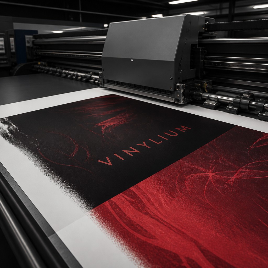 High-end photorealistic commercial advertising photograph of a premium vinyl record sleeve being printed on a professional large-format industrial inkjet printer.
The printer is actively printing the sleeve, with the print head clearly visible above the paper. The sleeve is partially printed, making it obvious that this is a real printing process rather than a finished product mockup.
The sleeve design uses a luxurious black and deep crimson red color palette, with sophisticated abstract graphics, dark red gradients and premium minimalist design. The word "VINYLIUM" is prominently printed on the sleeve in clean, elegant, perfectly readable typography.
Modern professional printing facility, expensive high-end printing equipment, immaculate industrial workspace. Realistic paper fibers and ink texture, extremely detailed machinery, authentic printing technology, realistic shadows and reflections.
Cinematic commercial photography, dramatic controlled studio lighting combined with realistic industrial ambient light. Premium, sophisticated, technological and artistic atmosphere. The image should communicate professional printing, precision, quality and craftsmanship.
Composition optimized for a premium website section about custom vinyl record sleeves and record labels. Wide horizontal image, main focus on the vinyl sleeve and printing process, printer extending into the background, cinematic depth of field, 35mm professional camera, photorealistic, ultra-detailed, natural colors, realistic materials.
No people, no hands, no CD, no finished vinyl record, no generic office printer, no additional text, no watermark, no logos except the word "VINYLIUM".