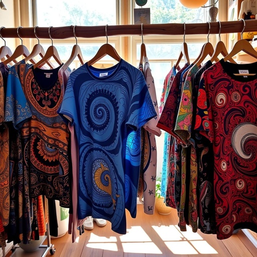Vibrant t-shirts hanging in a sunlit boutique, intricate patterns swirling across cotton fabric, bold colors like electric blue and fiery red, unique graphics showcasing whimsical designs, soft textures inviting touch, a diverse array of sizes, hanging on rustic wooden racks, playful atmosphere, artistic flair, fashion-forward vibes, a celebration of individuality.