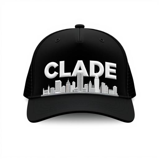 mockup design, Design a sleek black trucker hat featuring the "CLADE" brand name prominently displayed in bold white embroidery. Behind the brand name, showcase a detailed skyline silhouette in all-white thread, creating a striking contrast. The hat should embody a modern urban aesthetic, appealing to trendsetters and city enthusiasts alike.